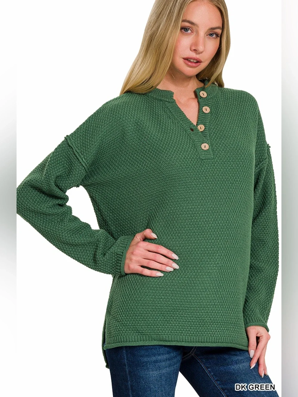 Zenana Waffle Knit Henley Sweater - Blue, Pink, Green